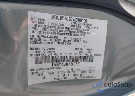 2006 Ford Taurus Sel z USA, uszkodzony, nr VIN 1FAFP56U86A260720